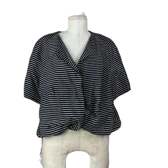 Akris Punto Top Blouse Short Sleeve Cinched Bungee Striped Black Gold Size US 12 - Picture 1 of 11